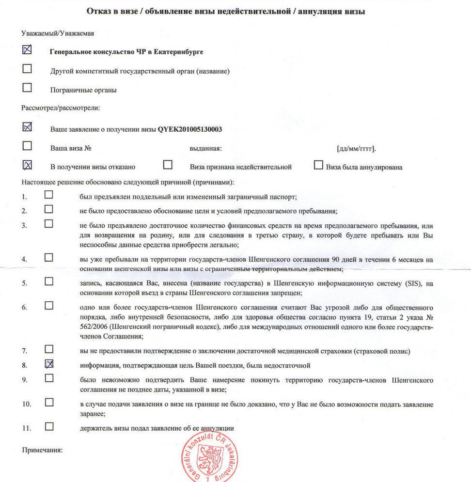 Официальное подтверждение отказа в выдаче визы