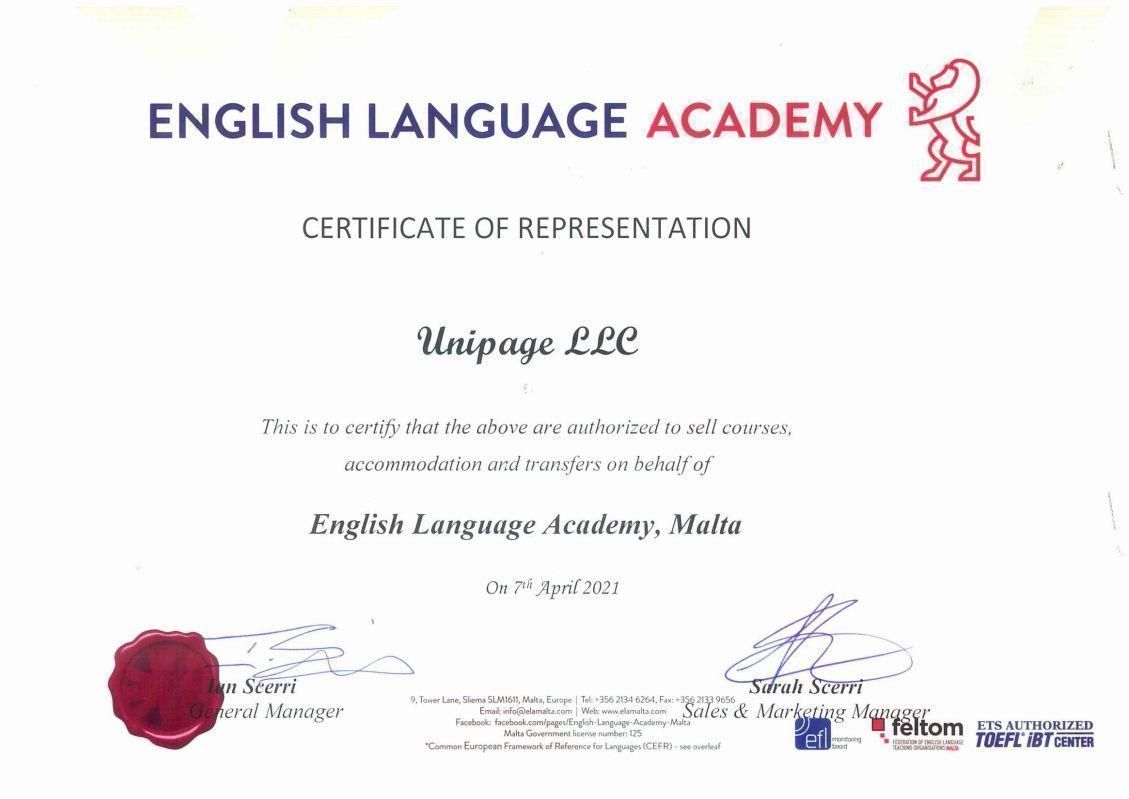 English Language Academy Certificate of Representation