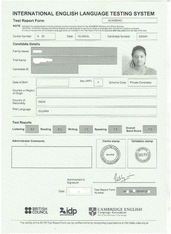 Sample IELTS certificate