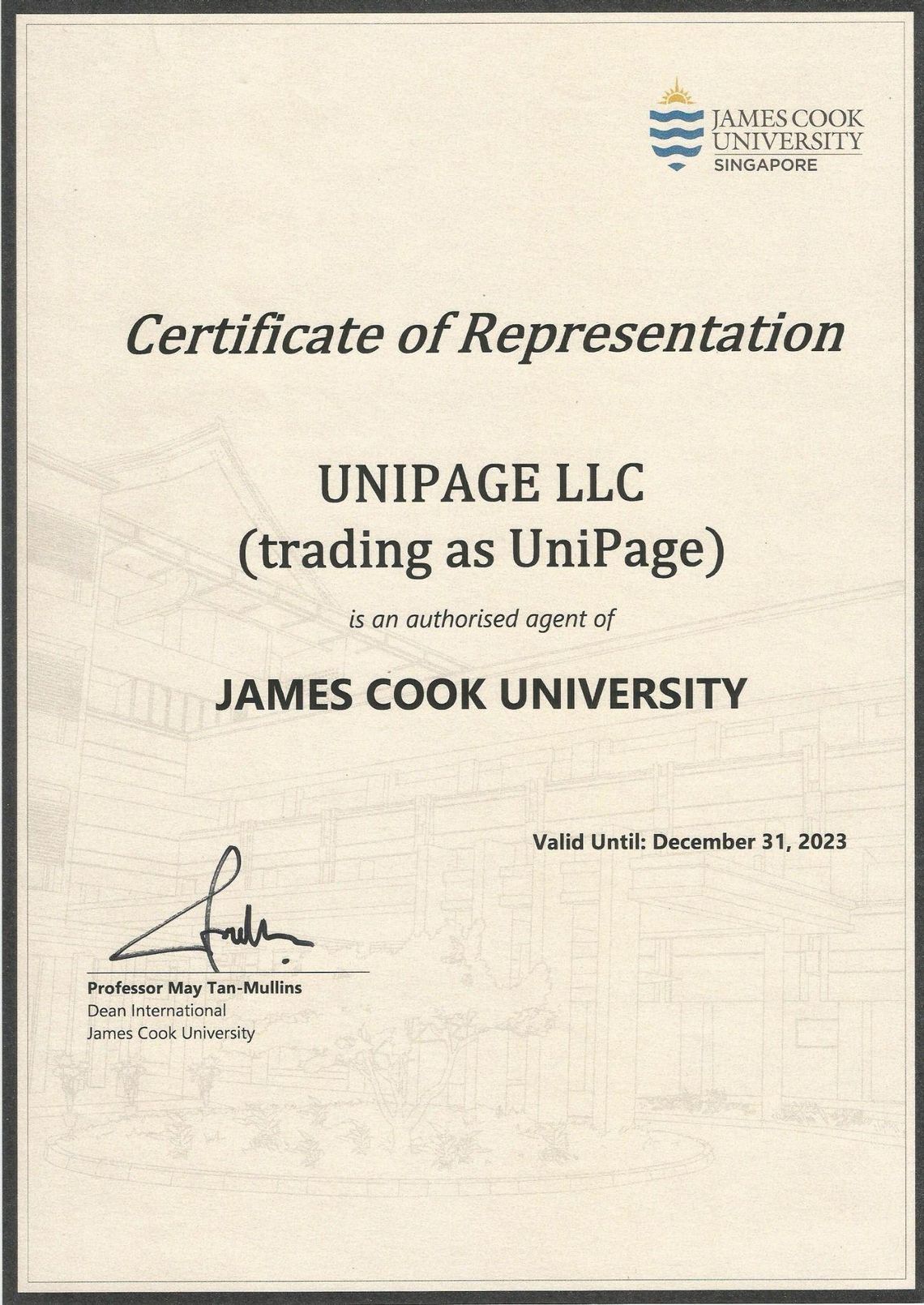 James Cook University Certificate of Representation