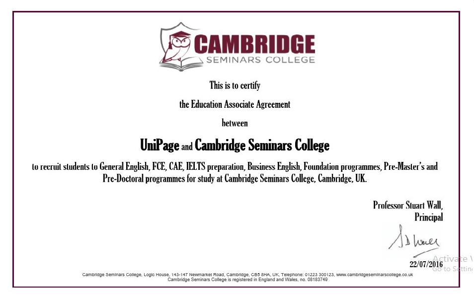 Cambridge Seminars College Certificate of Representation