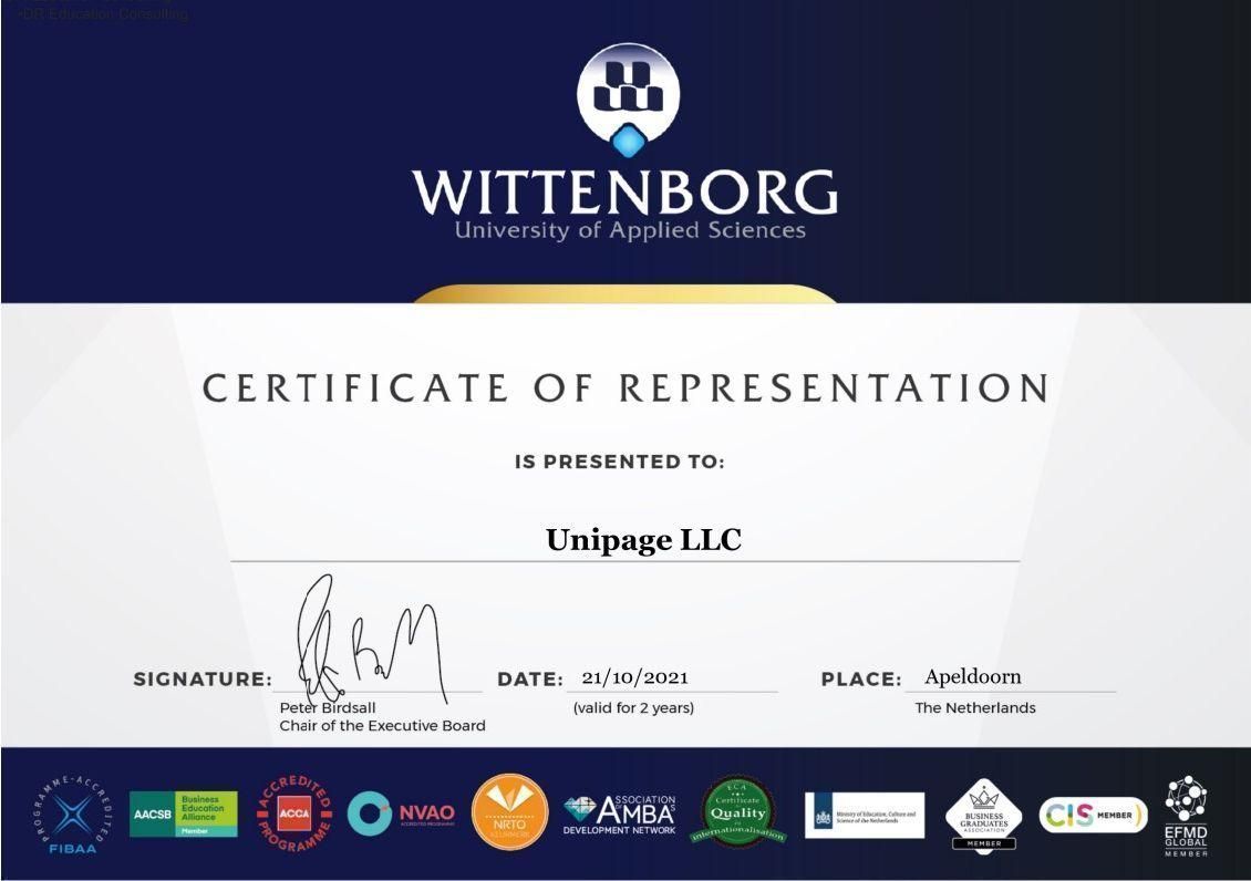 Wittenborg University of Applied Sciences Certificate of Representation