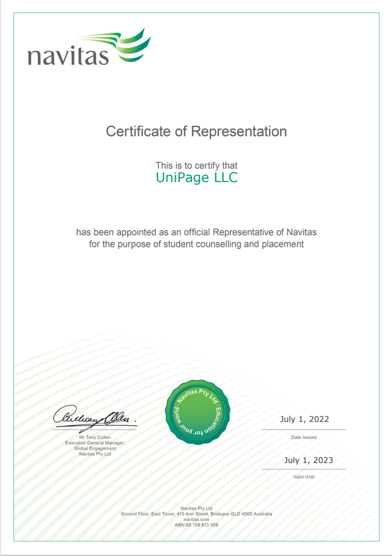 Navitas Certificate of Representation