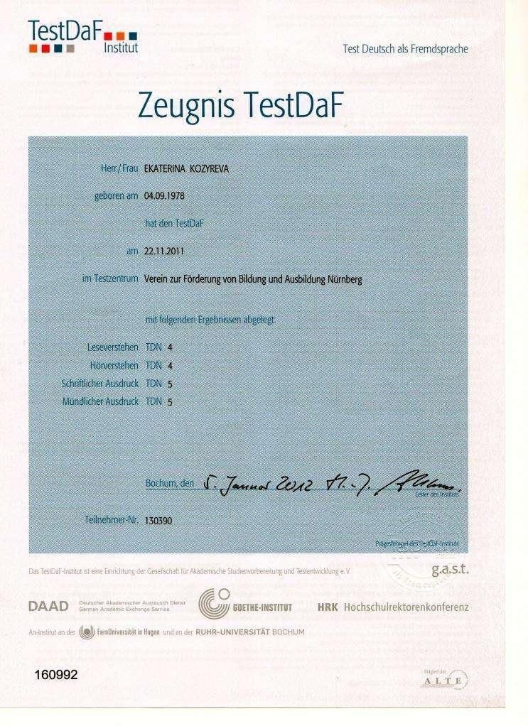 TestDaF certificate