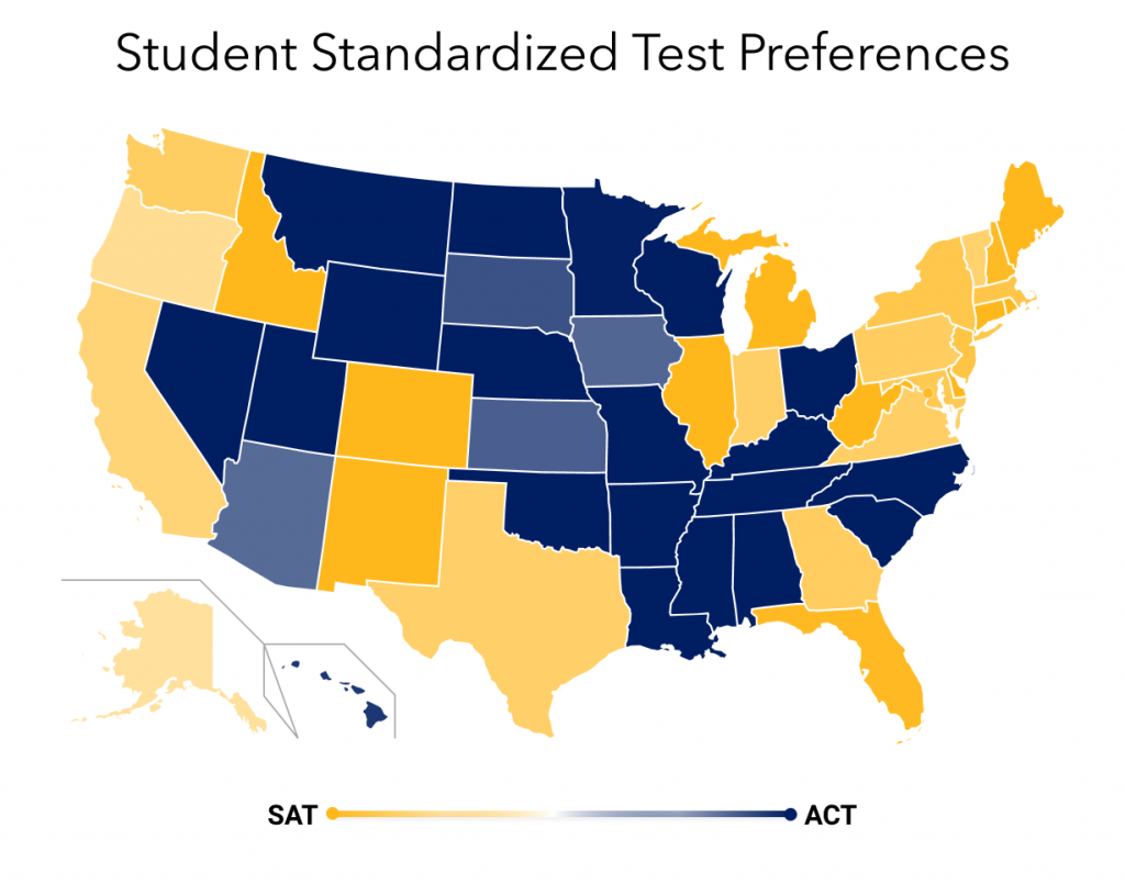 Карта популярности ACT и SAT среди американских выпускников (ACT - синим, SAT - желтым цветом)