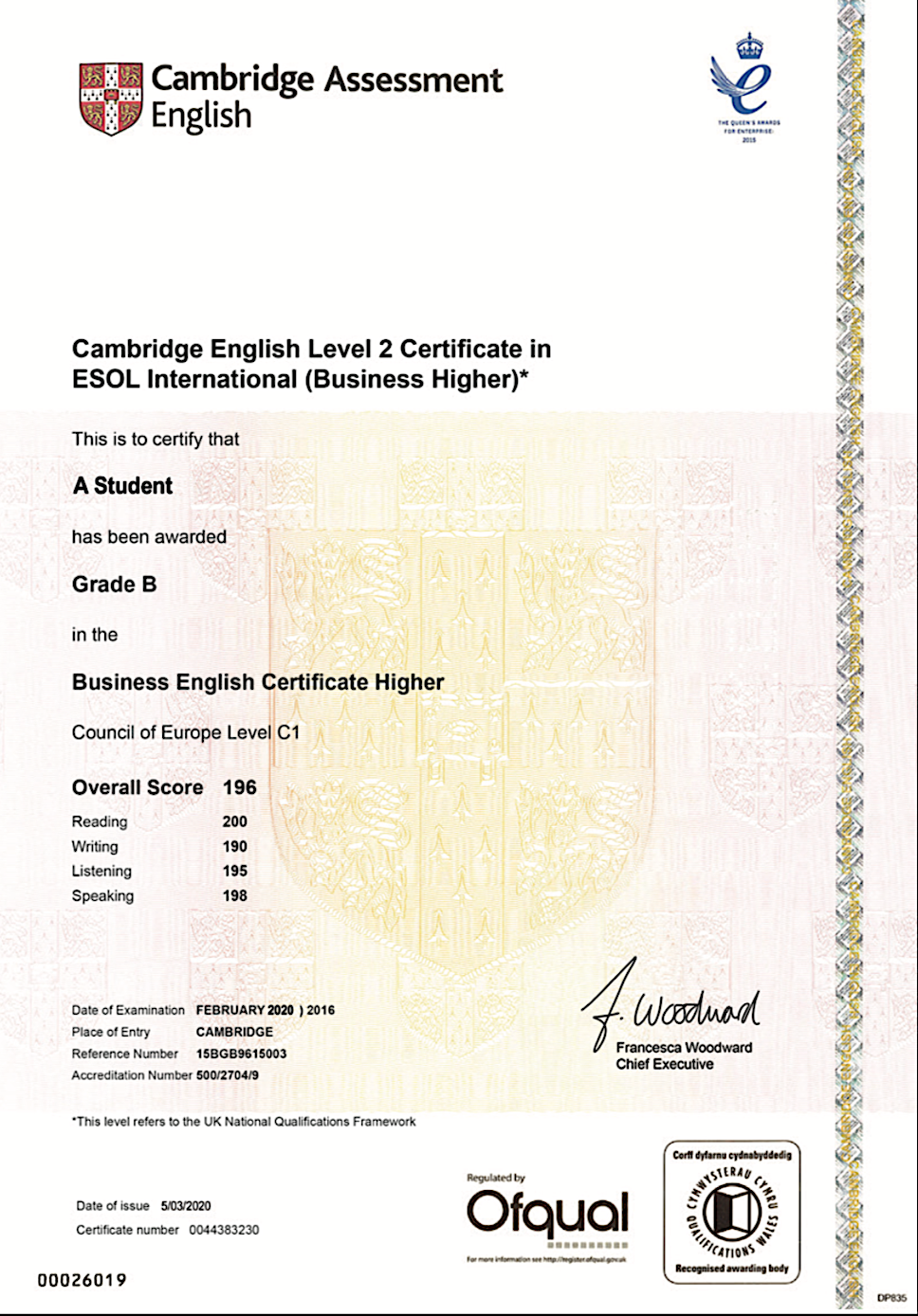 Образец сертификата Cambridge CELA