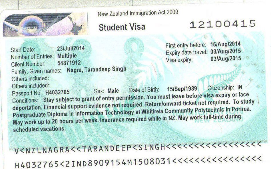 Образец студенческой визы в Новую Зеландию