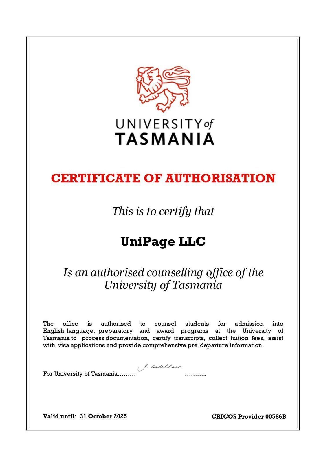 University of Tasmania Certificate of Authorisation