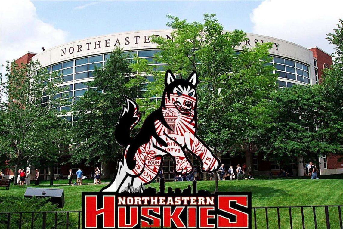 Символ спортивной команды Северо-Восточного университета на воротах рядом с главным зданием