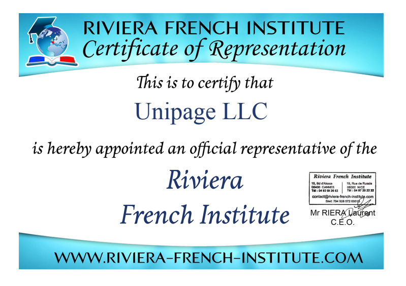 Riviera French Institute Certificate of Representation