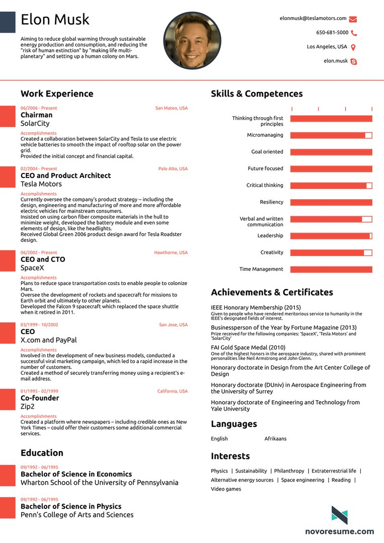 A hypothetical resume created for Elon Musk